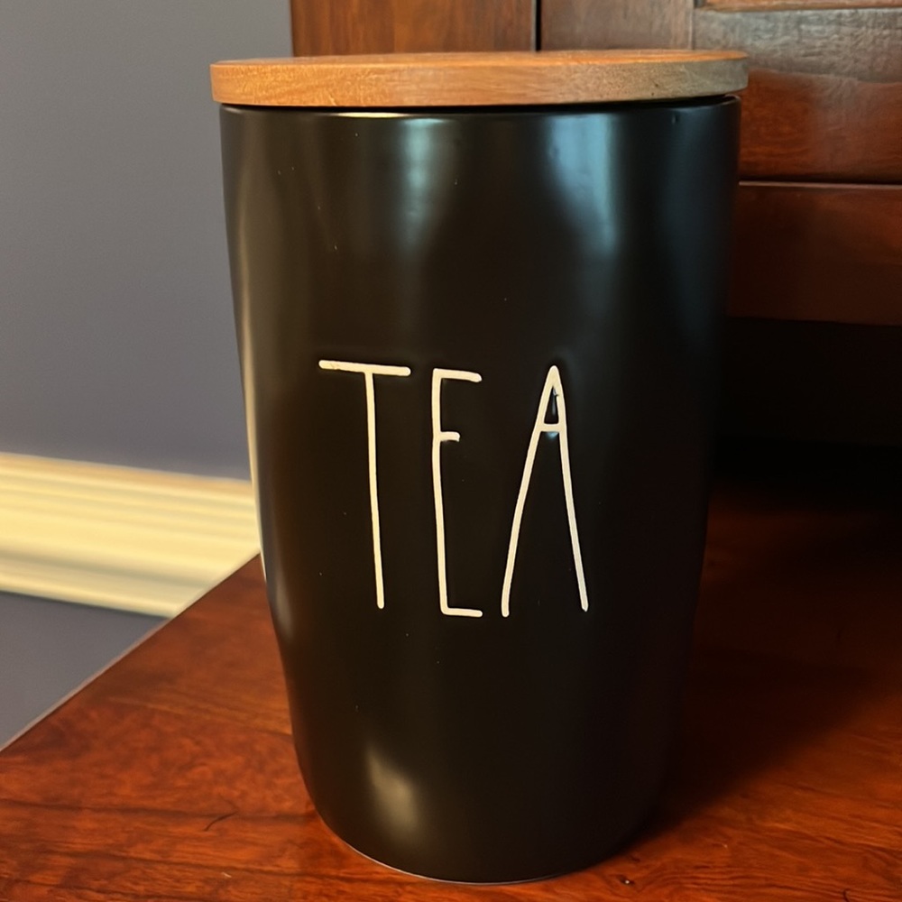 Rae Dunn Black TEA Canister with Wood Lid